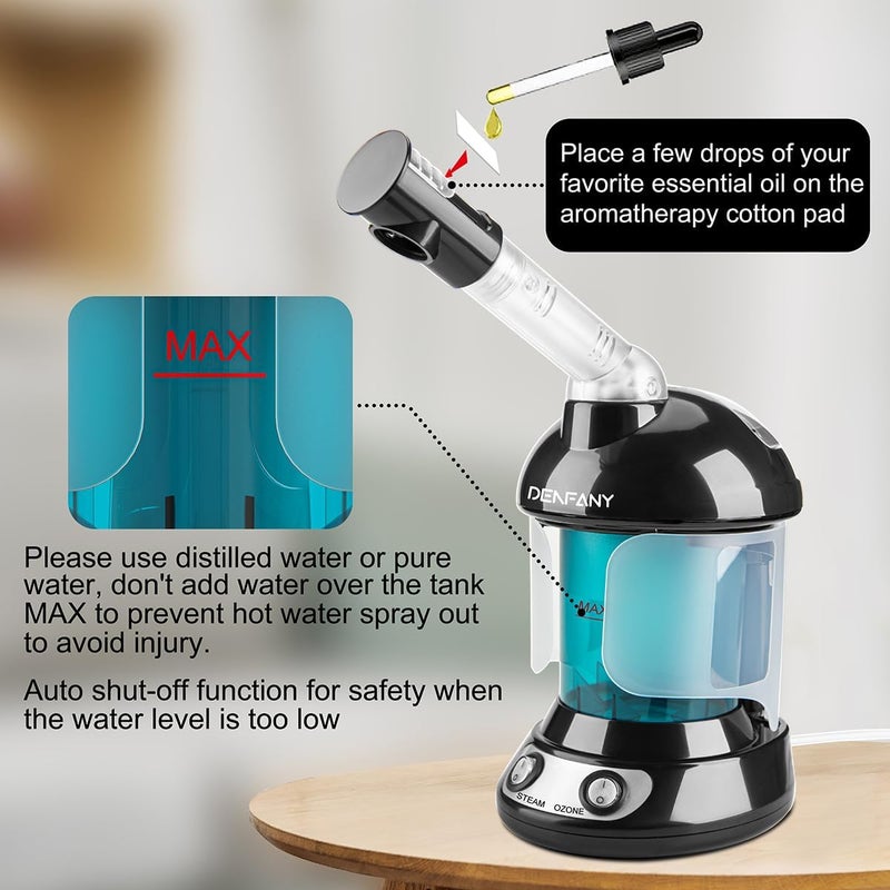 DENFANY Facial Steamer - Nano Ionic Face Steamer with Extendable 360° Rotating Arm - Portable Facial Steamer for Personal Care at Home or Salo (Black) - Image 4